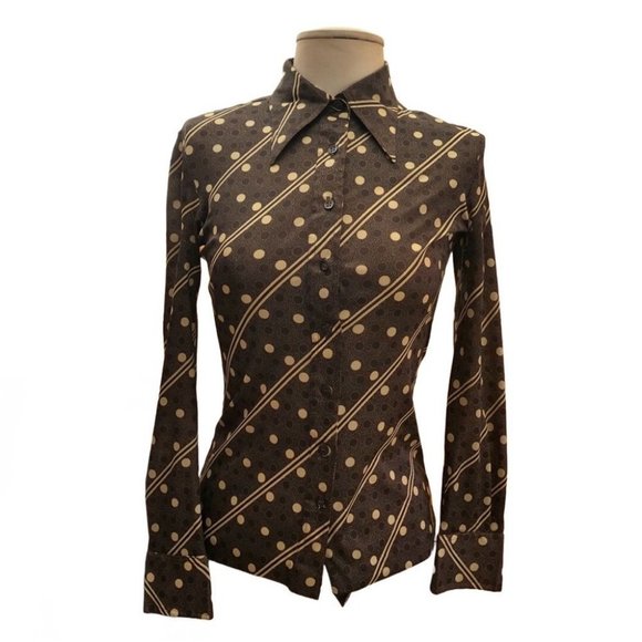 Vintage Tops - Vintage 70'S Hukapoo Disco style brown and crème polka dot and stripe shirt sz S